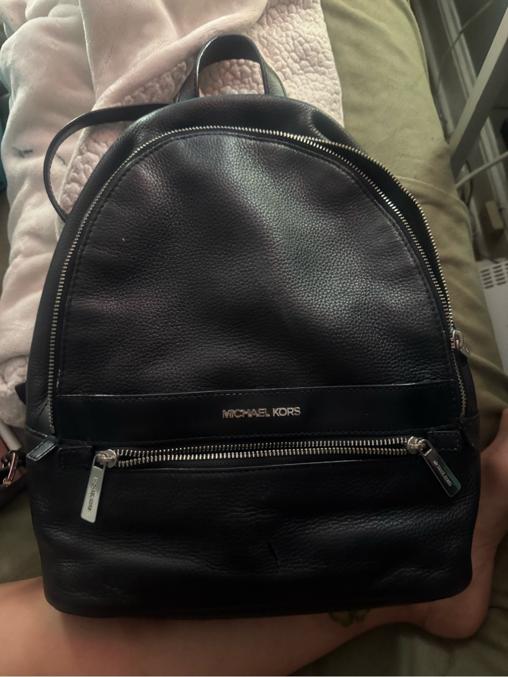 MICHAEL KORS Black Pebbled Leather Backpack with Silver Hardware